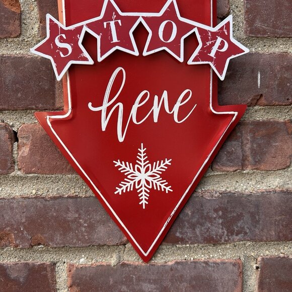 Vtg Style Metal Sign Santa Please Stop Here Arrow Red White Christmas Decor 17" - Picture 2 of 6